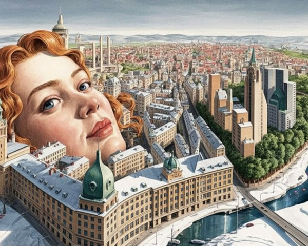 Aerial Watercolor of City Around Giantess's Head
