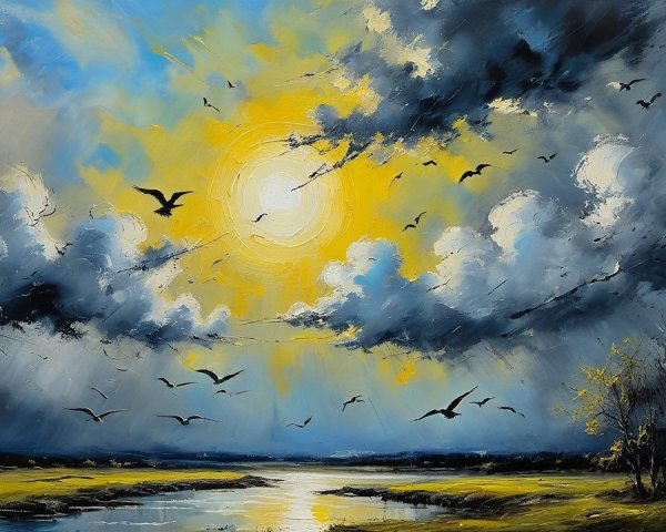 Vibrant Landscape with Dramatic Sky and Tranquil Water