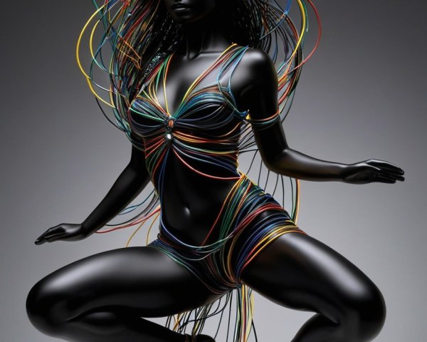 Black Female Figure Sculpture with Flowing Wires
