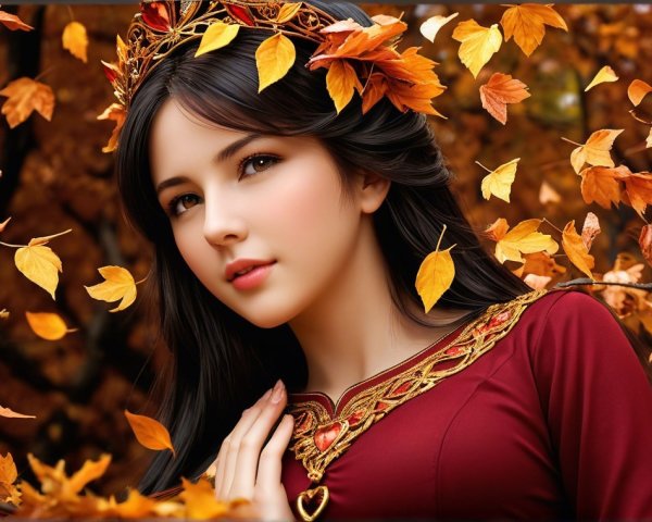 Young woman in burgundy dress with autumn leaves