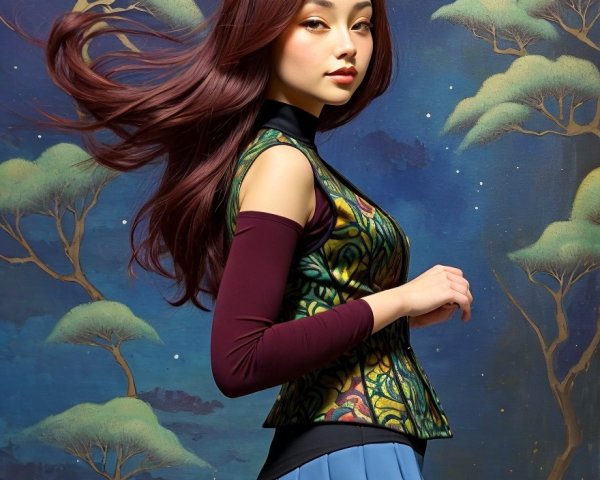 Young Woman in Vibrant Outfit Against Dreamy Backdrop