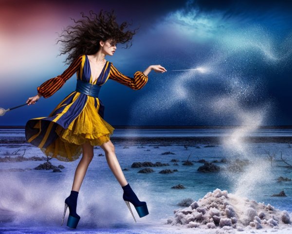 Whimsical Woman in Yellow Dress on Salt Landscape