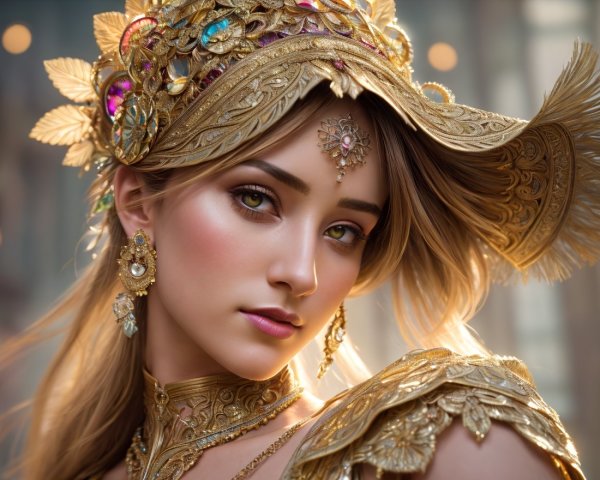 Young woman in golden attire with gemstones and headpiece