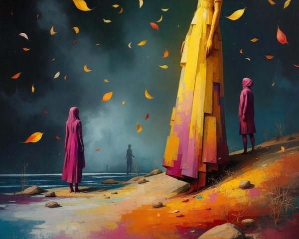 Surreal Landscape with Yellow Figure and Cloaked Observers