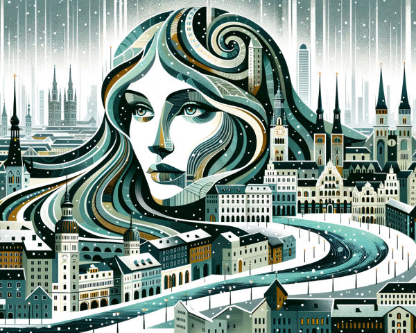 Abstract Portrait of Woman in Snowy Cityscape
