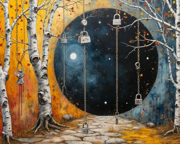 Whimsical Landscape with Birch Trees and Dark Void