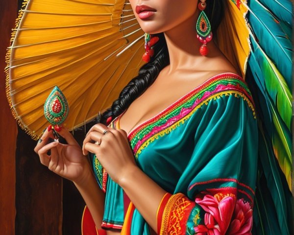 Woman in Traditional Attire with Vibrant Colors and Accessories