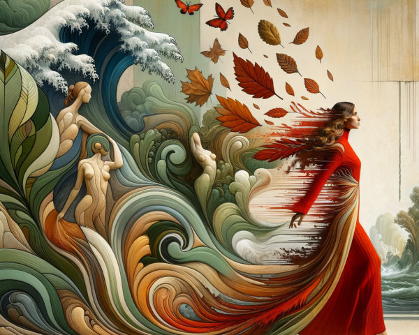 Woman in Red Dress Surrounded by Colorful Nature Elements