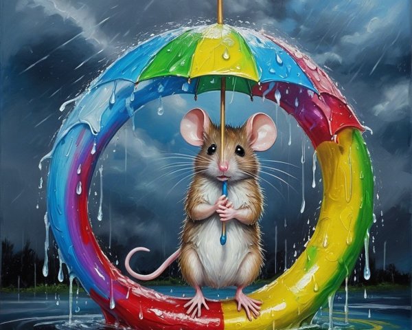Whimsical Painting of Mouse on Inflatable Ring in Rain
