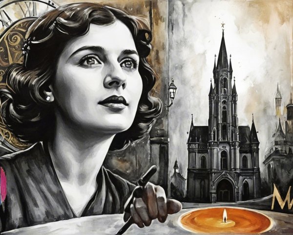 Monochromatic Portrait of Woman with Gothic Church
