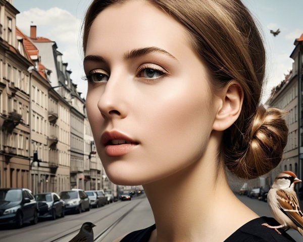 Serene Woman on Vintage Street with Sparrows Flying