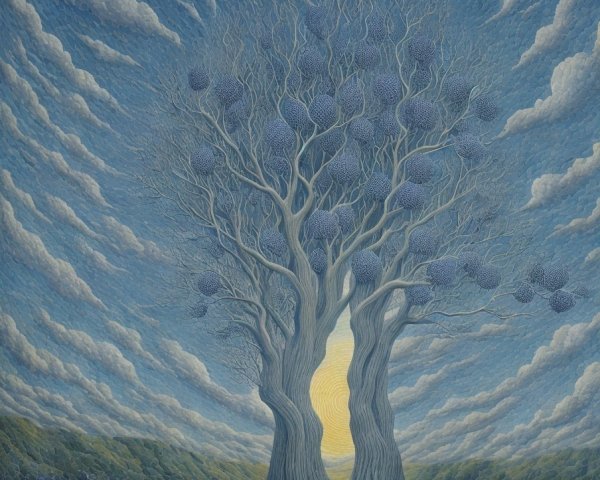 Surreal Landscape with Intertwined Trees and Clouds