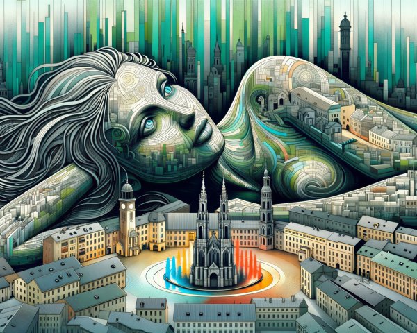 Surreal Giant Figure in Urban Cityscape with Fountain