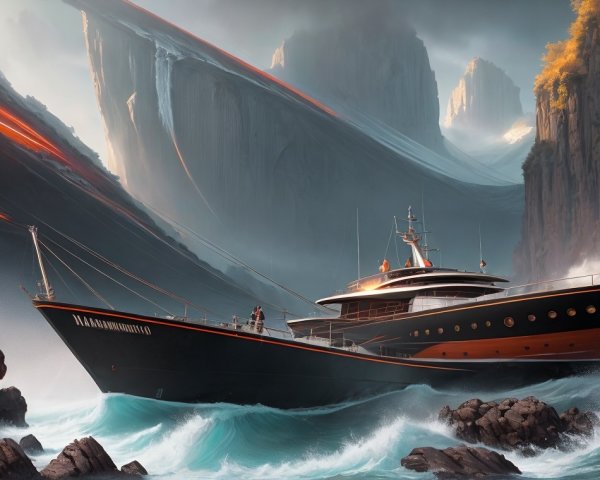 Majestic Yacht in Turbulent Waters and Dramatic Cliffs