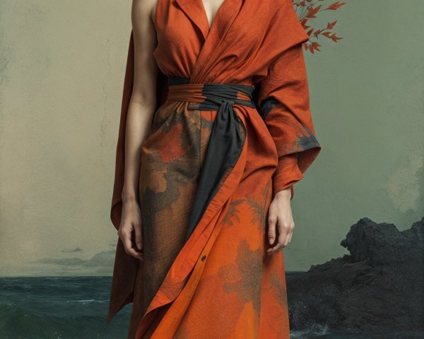 Model in Vibrant Orange Dress on Rocky Shore