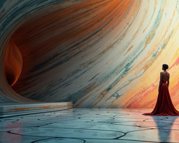 Surreal Scene of Woman in Red Dress and Colorful Wall