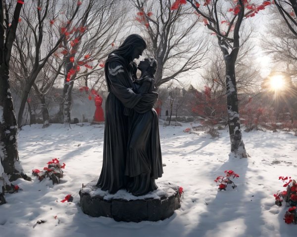 Black Statue of Couple in Snowy Landscape