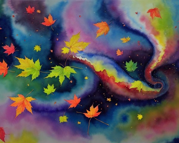 Vibrant Watercolor of Cosmic Swirl with Autumn Leaves