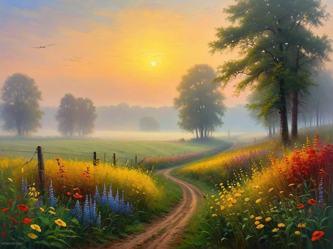 Serene Dawn Landscape with Wildflowers and Fog