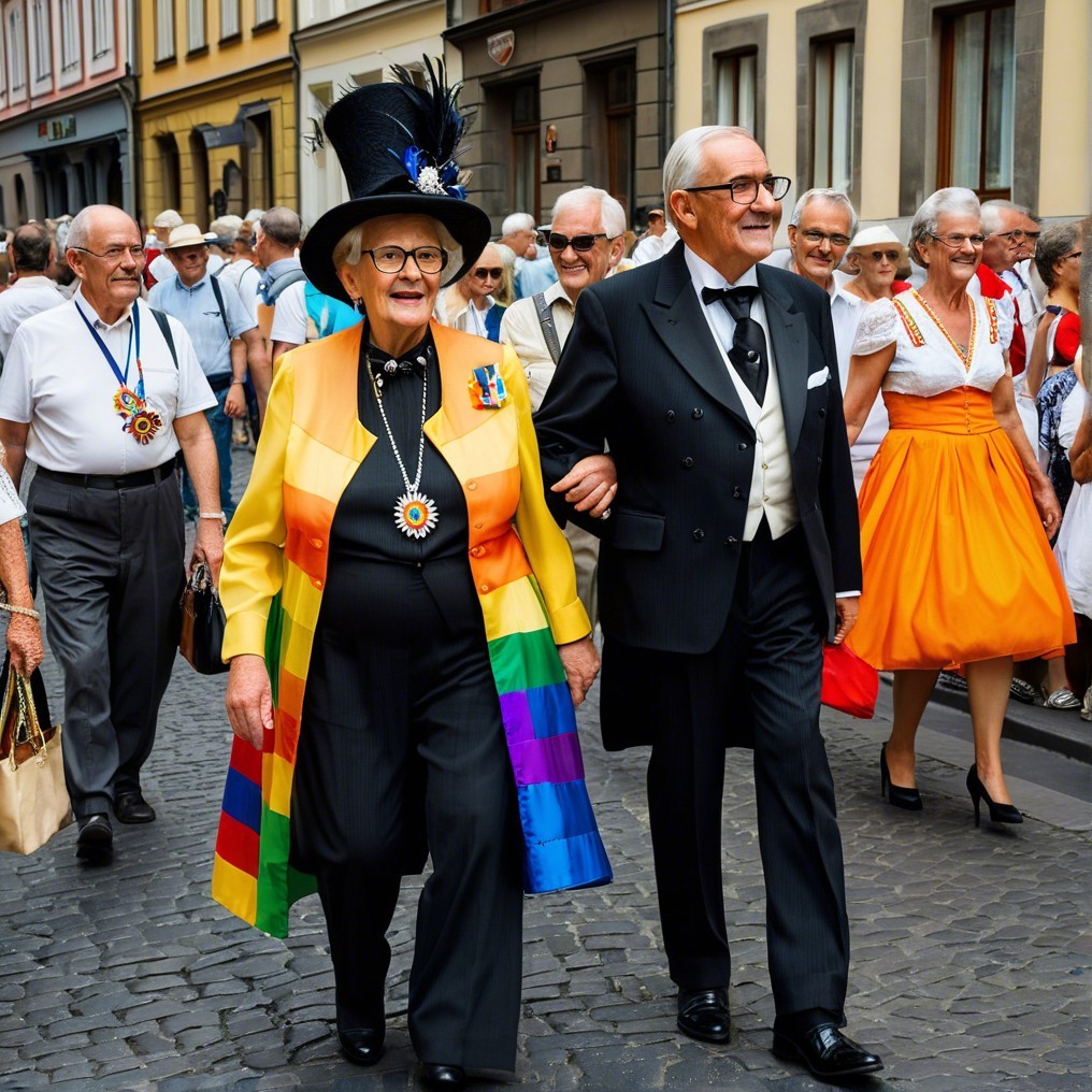 Vibrant Parade Scene with Joyful Elderly Couple