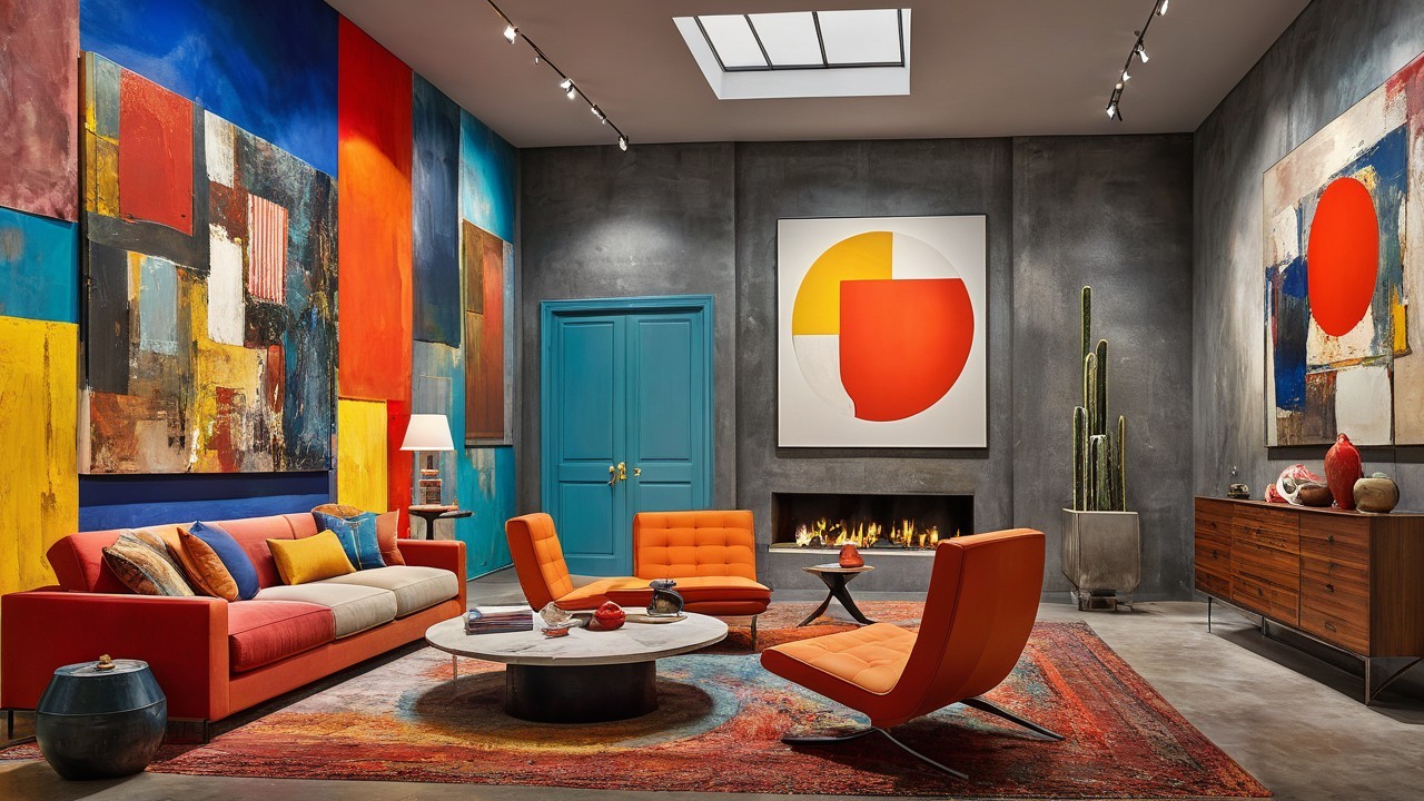 Vibrant Living Room with Abstract Art and Cozy Decor