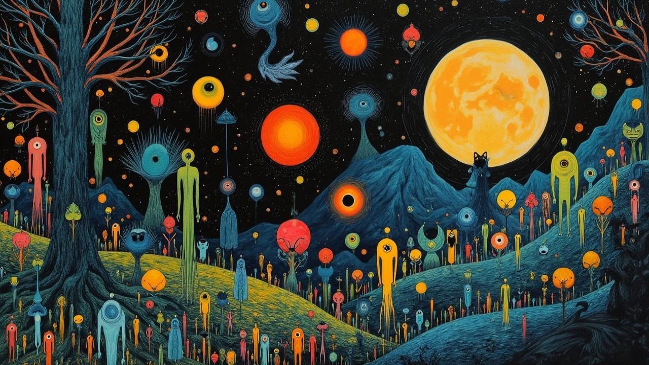 Surreal Landscape with Glowing Moon and Colorful Orbs