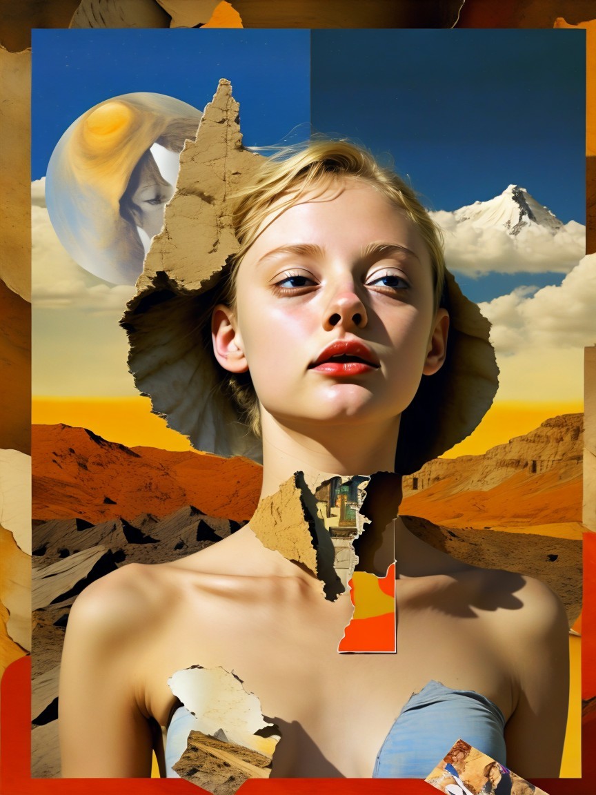 Surreal Collage of Young Woman with Nature Elements