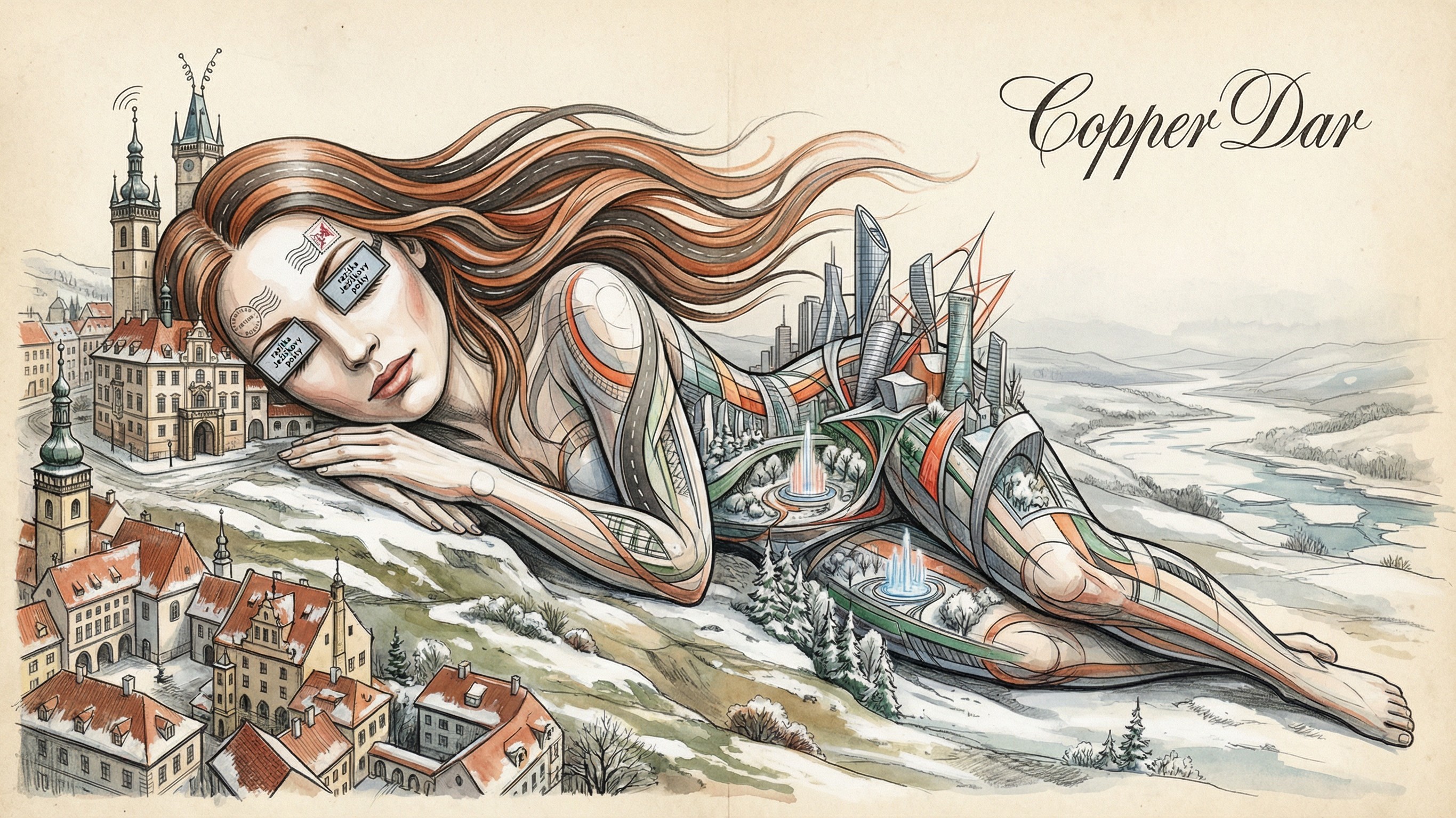 Giant goddess in snowy landscape with cityscapes and river