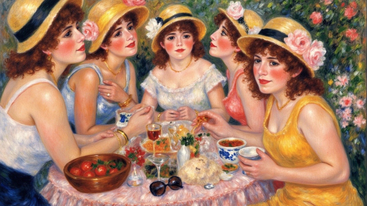 Colorful Picnic Scene with Women in Summer Attire