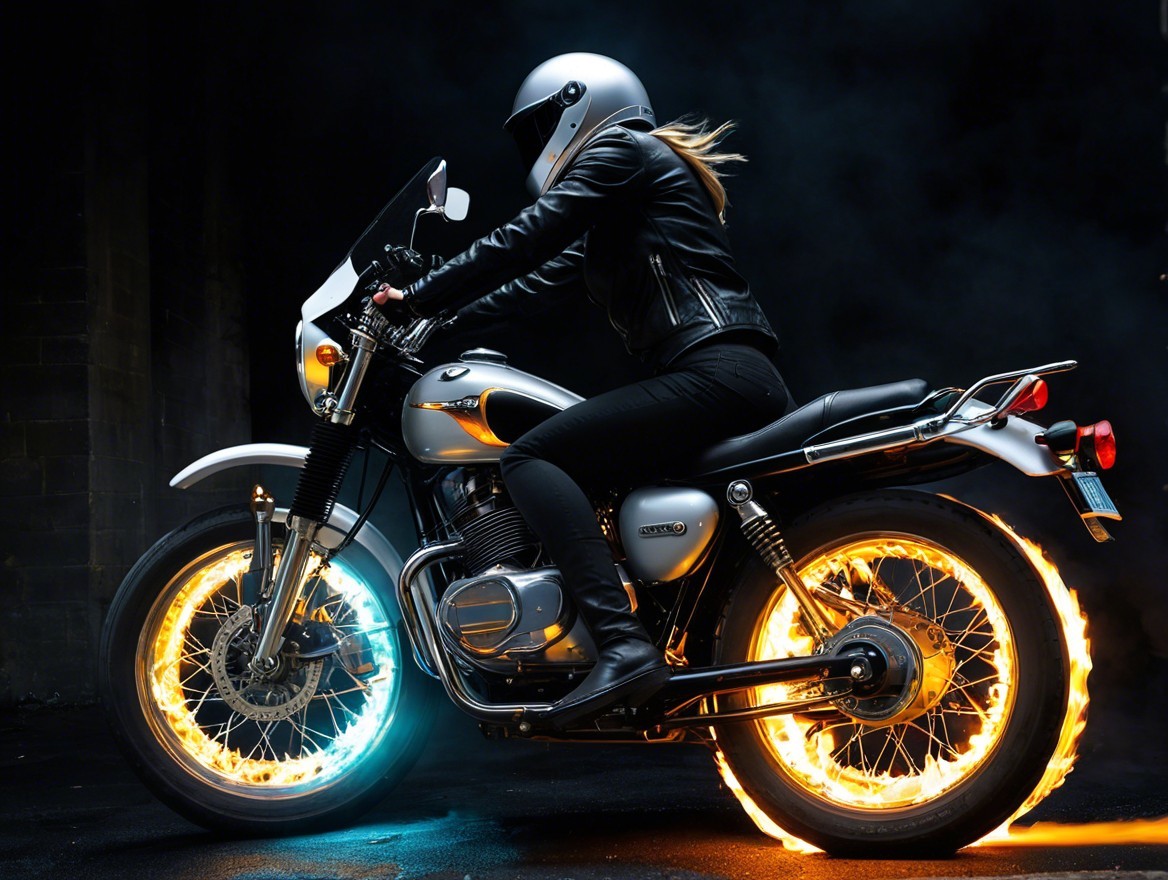 Rider on Silver Motorcycle with Flames and Smoke