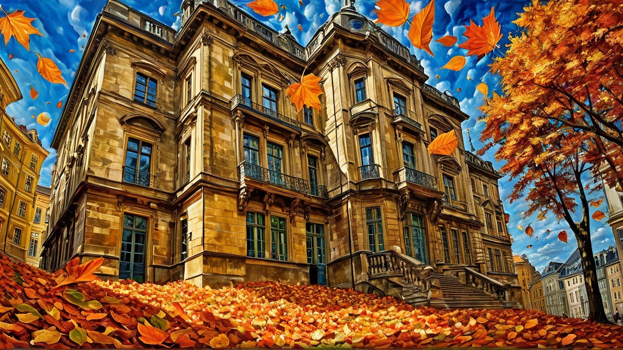 Majestic Stone Building Surrounded by Autumn Foliage