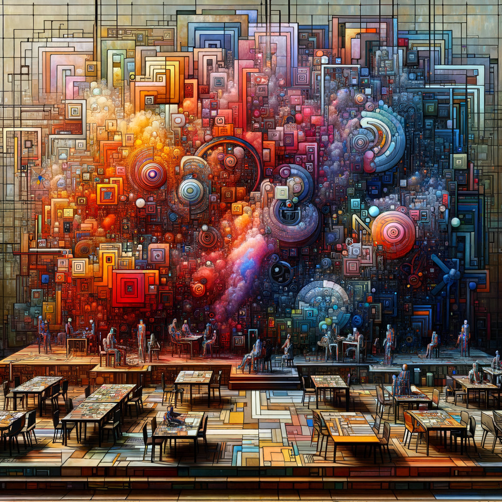 Abstract Colorful Mural with Geometric Shapes and Figures