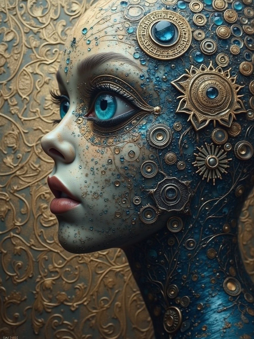 Intricate humanoid figure with blue and gold design