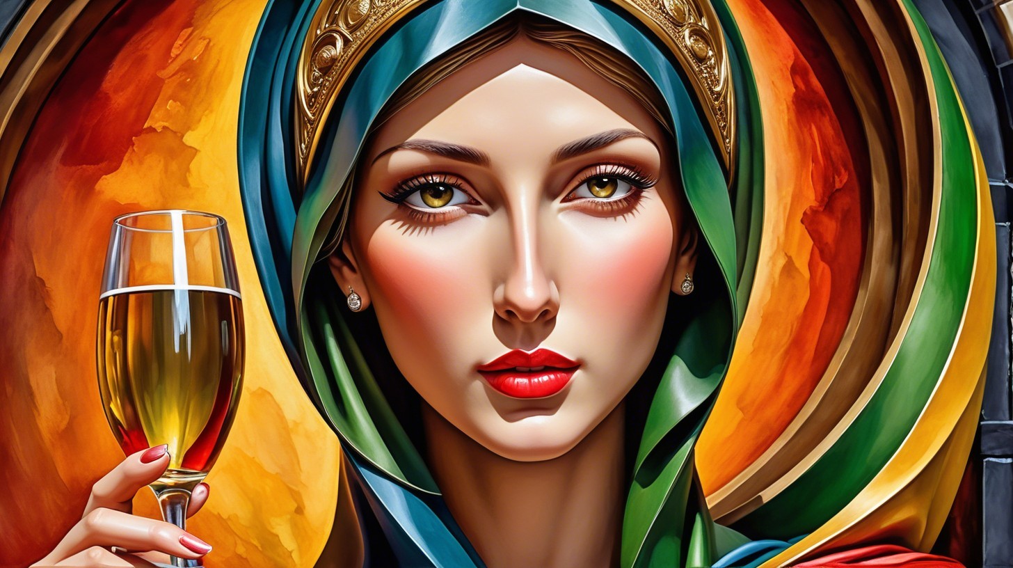 Striking Woman in Elaborate Headscarf and Glass