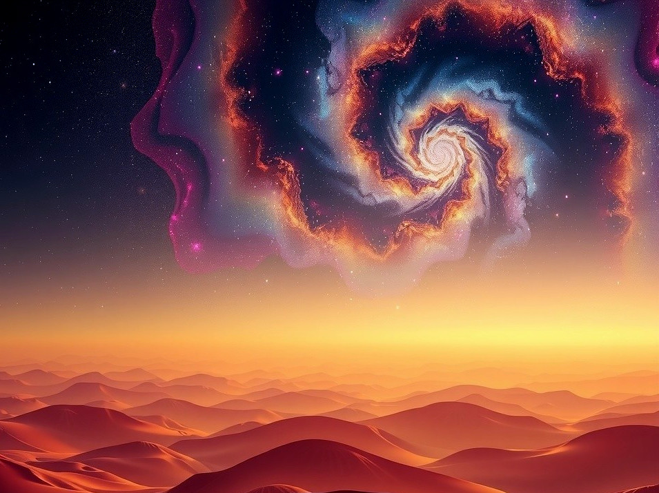 Surreal Desert Landscape Under a Swirling Galaxy