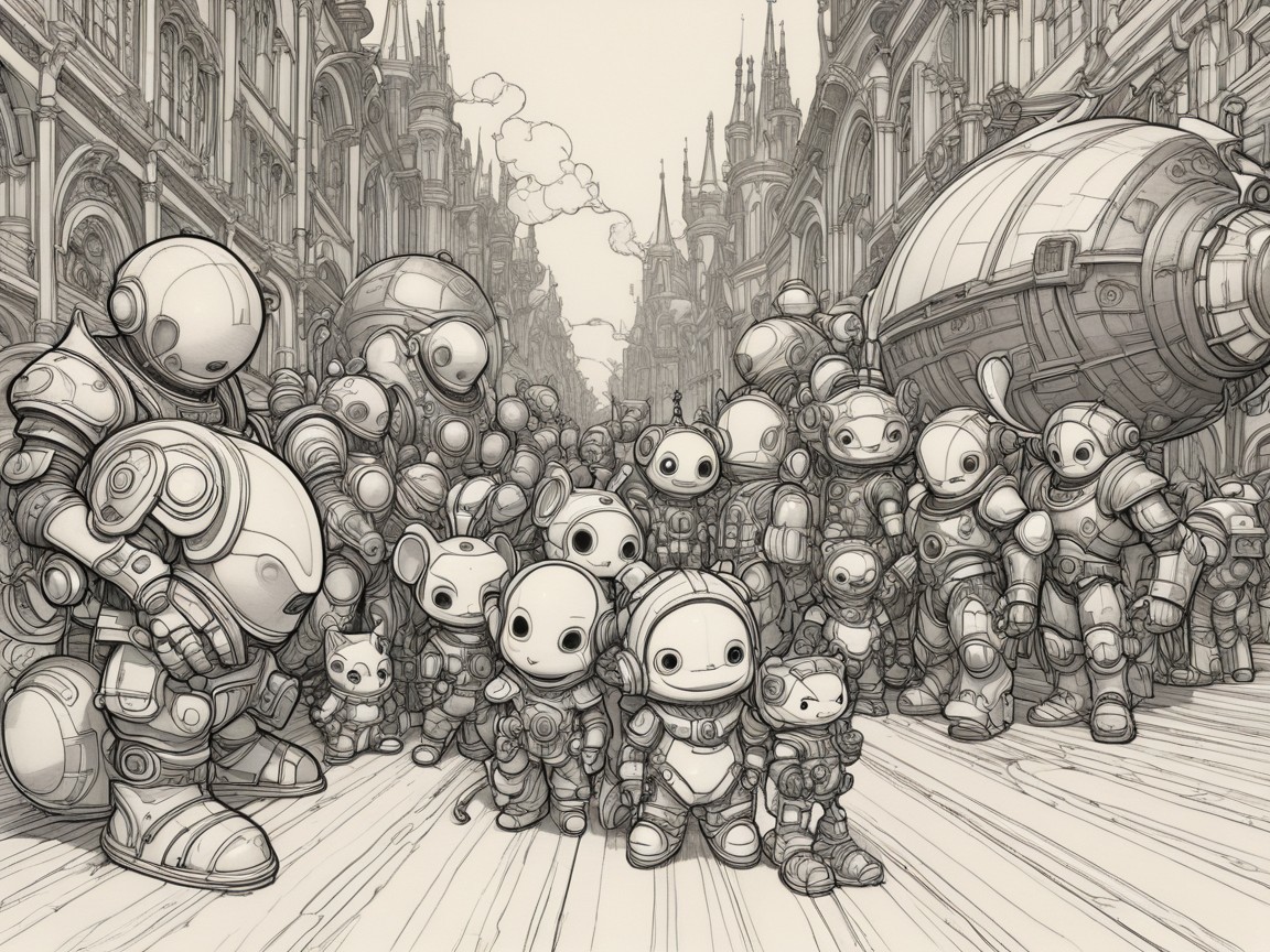 Futuristic street scene with whimsical cartoonish robots