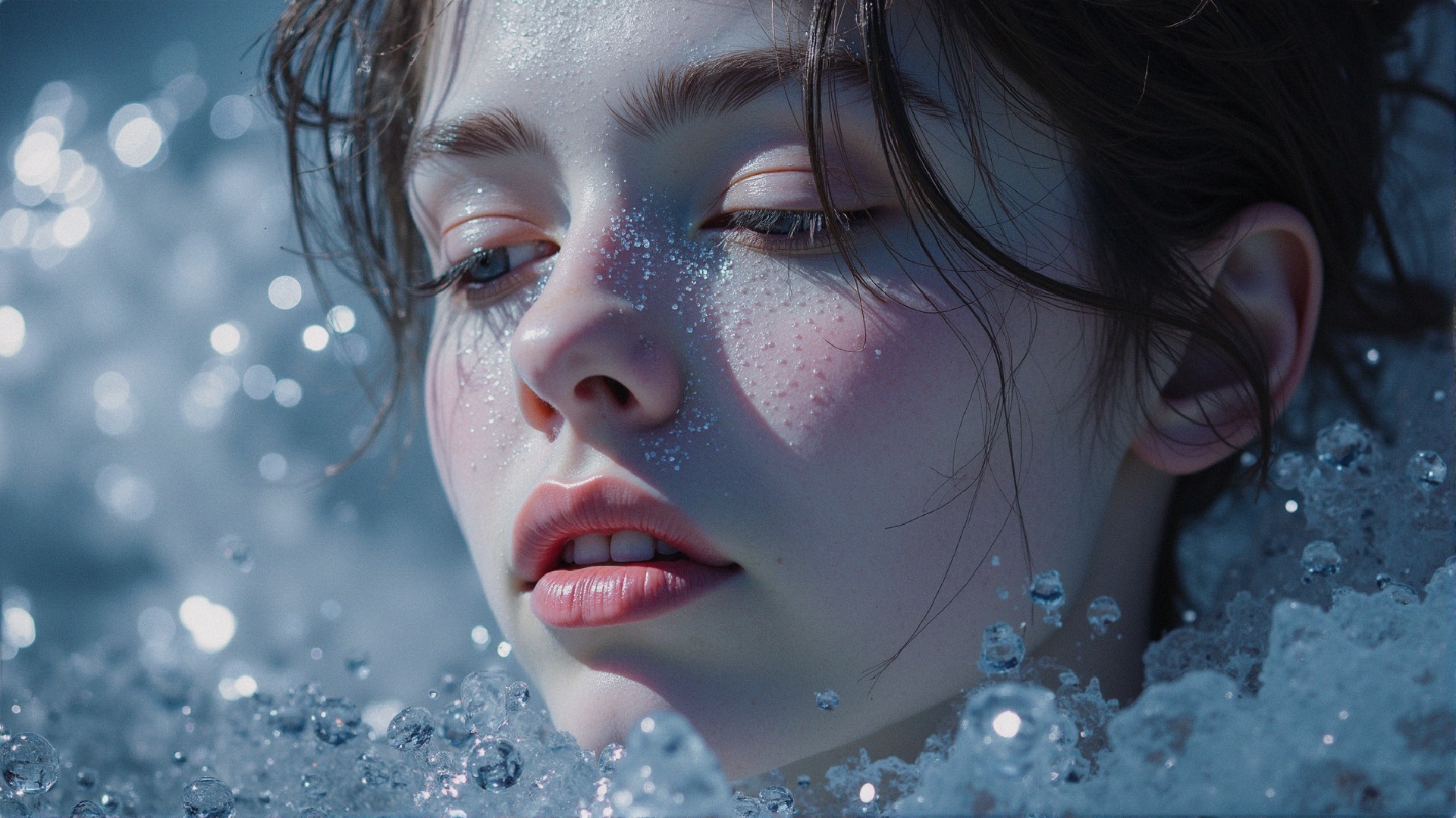Close-Up Portrait of Woman Surrounded by Bubbles
