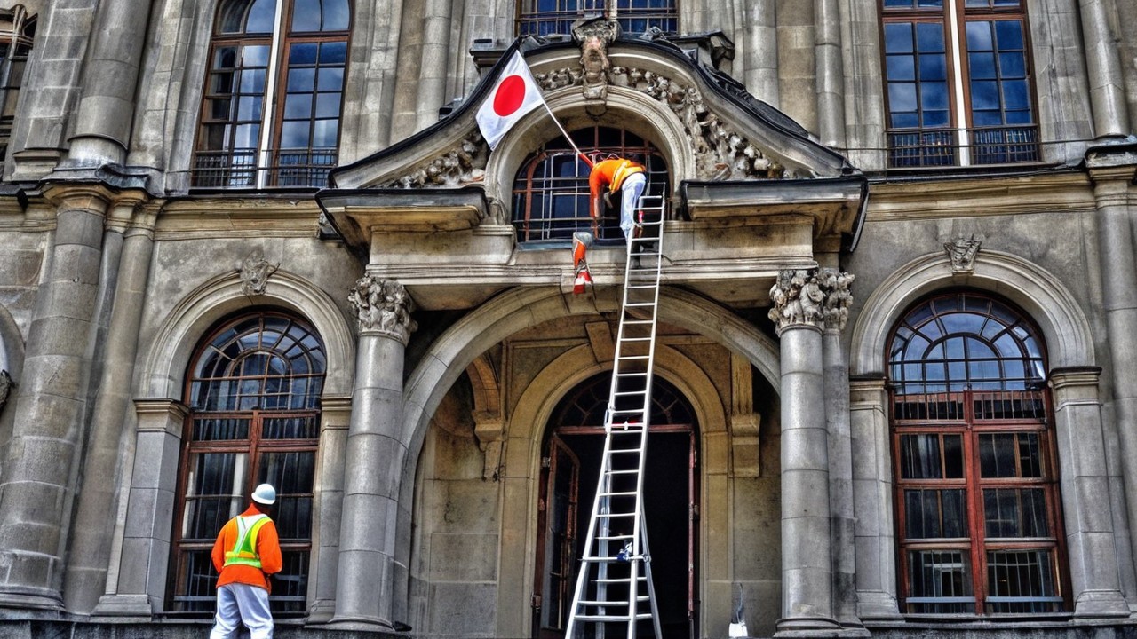 Workers Adjusting Japanese Flag at Historic Building
