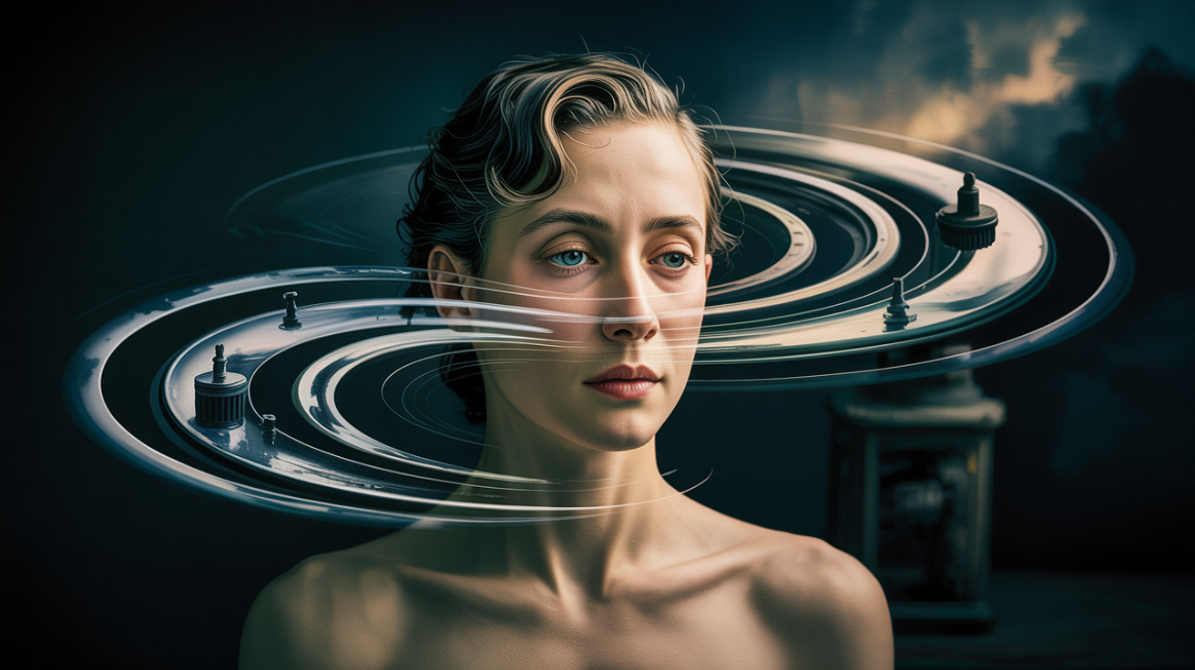 Woman Surrounded by Futuristic Vinyl Records in Thought
