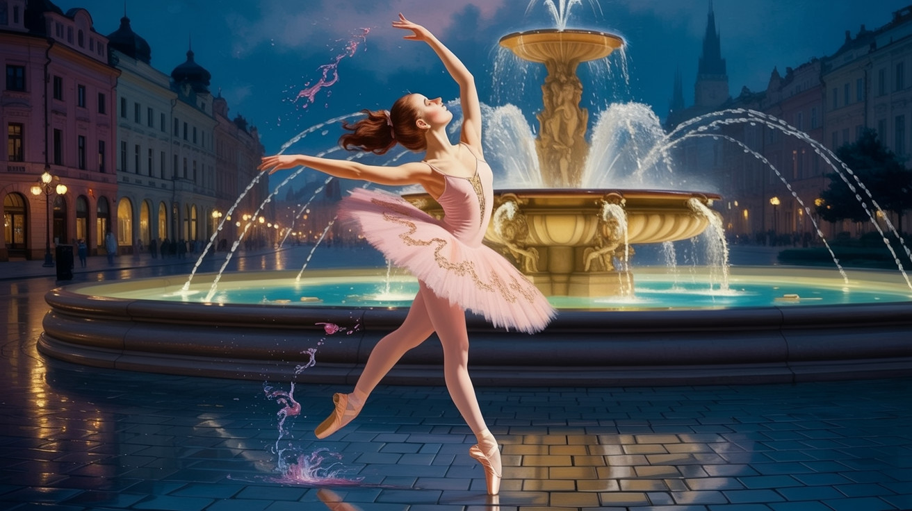 Ballerina Dancing by Fountain in Enchanted Cityscape