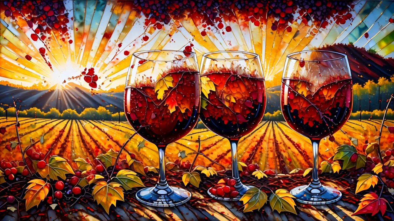 Elegant Red Wine Glasses in Vibrant Vineyard Setting