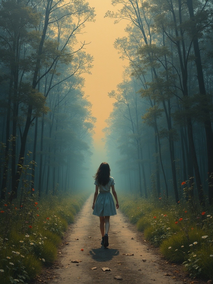 Girl in Light Dress on Misty Forest Path