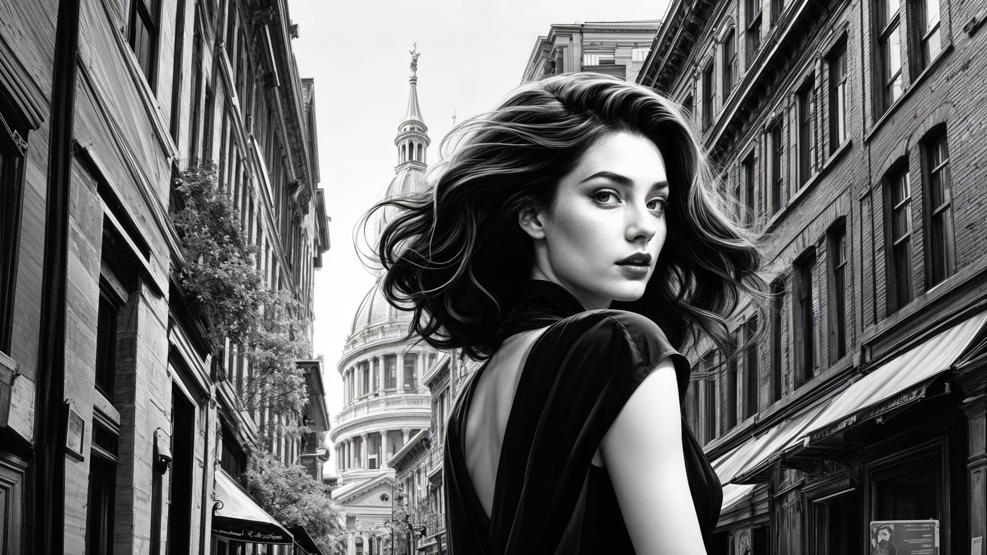 Elegant Young Woman in Narrow Street with Dome Background