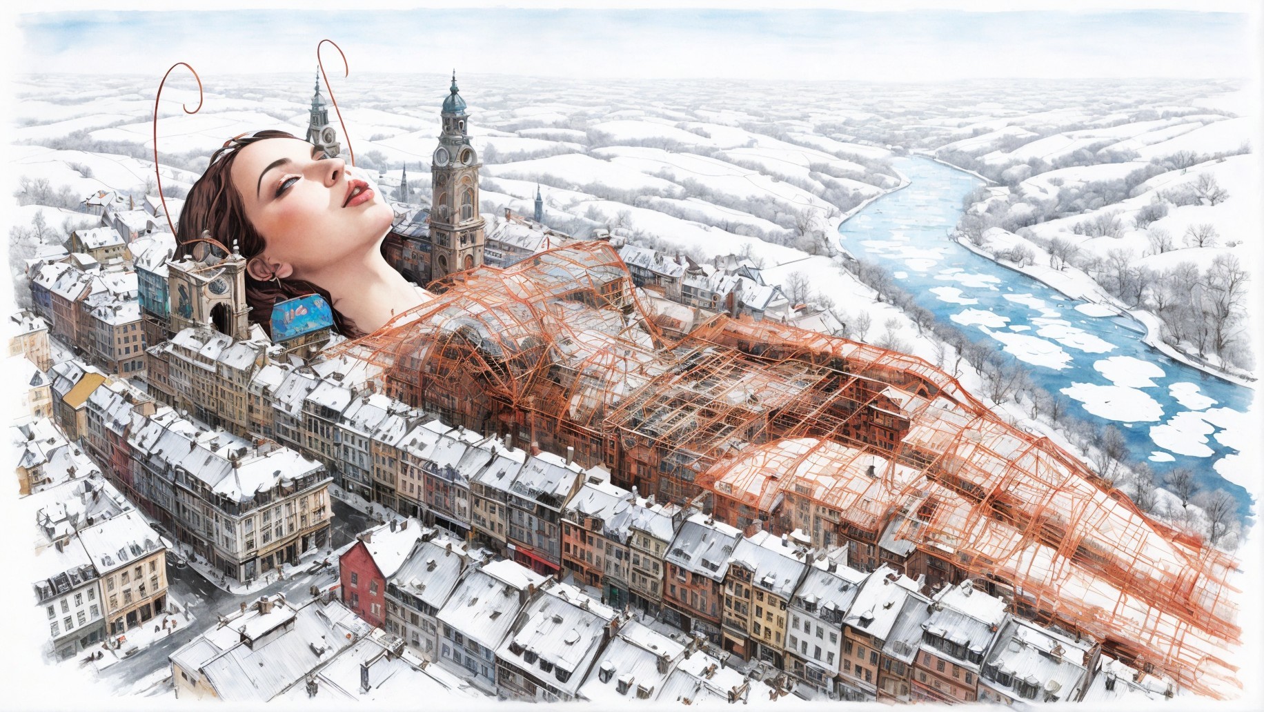 Aerial Illustration of Giant Woman Over Snowy City