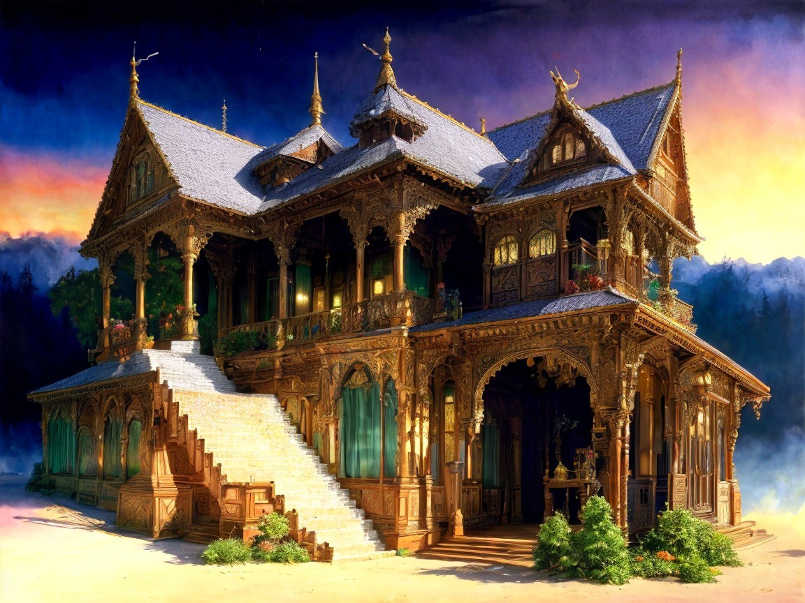 Intricately Designed Wooden Mansion at Dusk