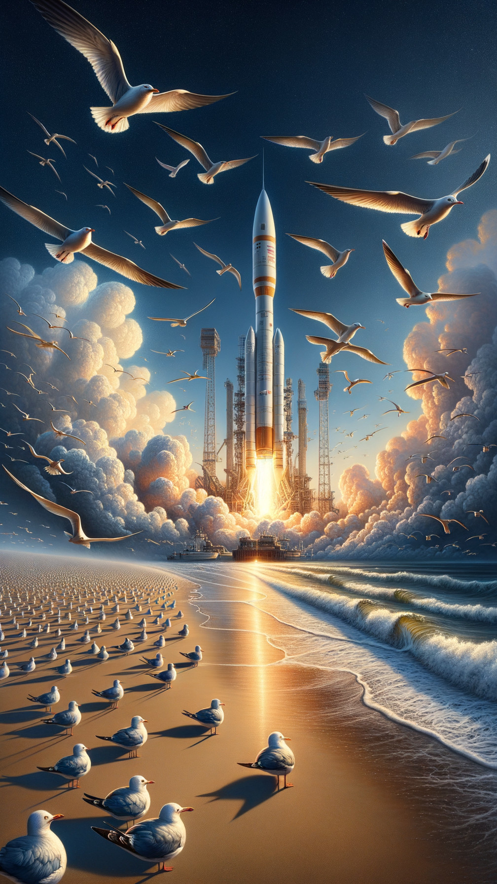 Rocket Launch at Dawn with Seagulls and Beach View
