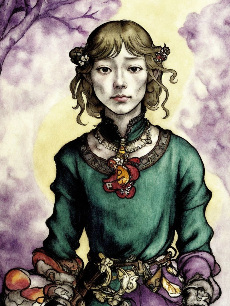 Character in Green Tunic with Floral Pendant and Nature Background