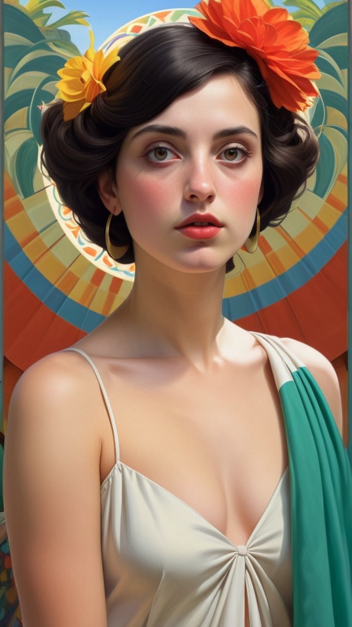 Young Woman with Flowers and Colorful Background