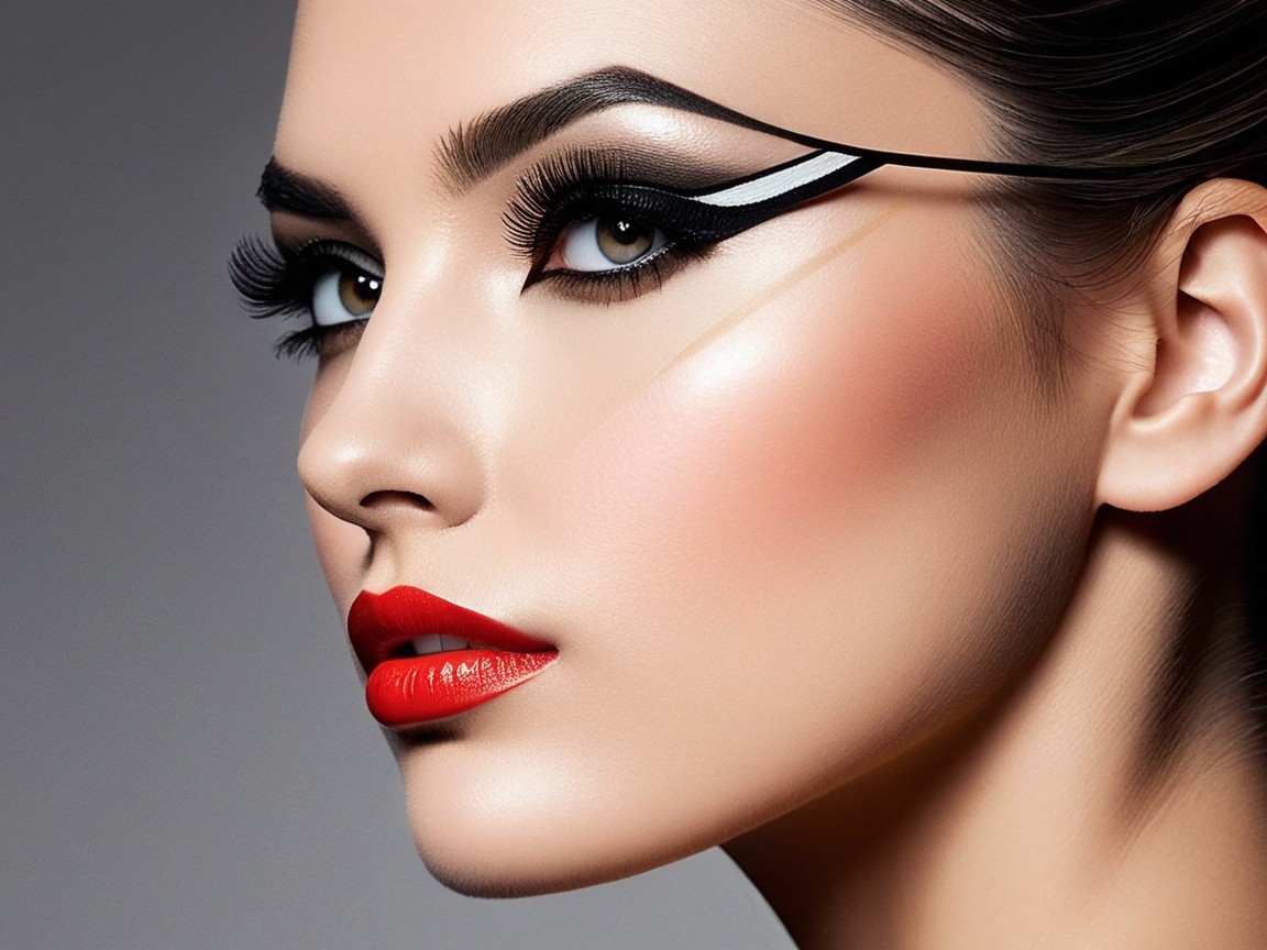 Close-up of a woman with bold makeup features