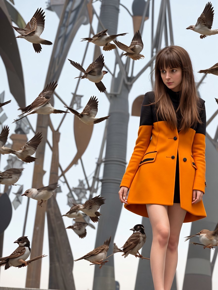 Young Woman in Orange Coat Amidst Flying Birds